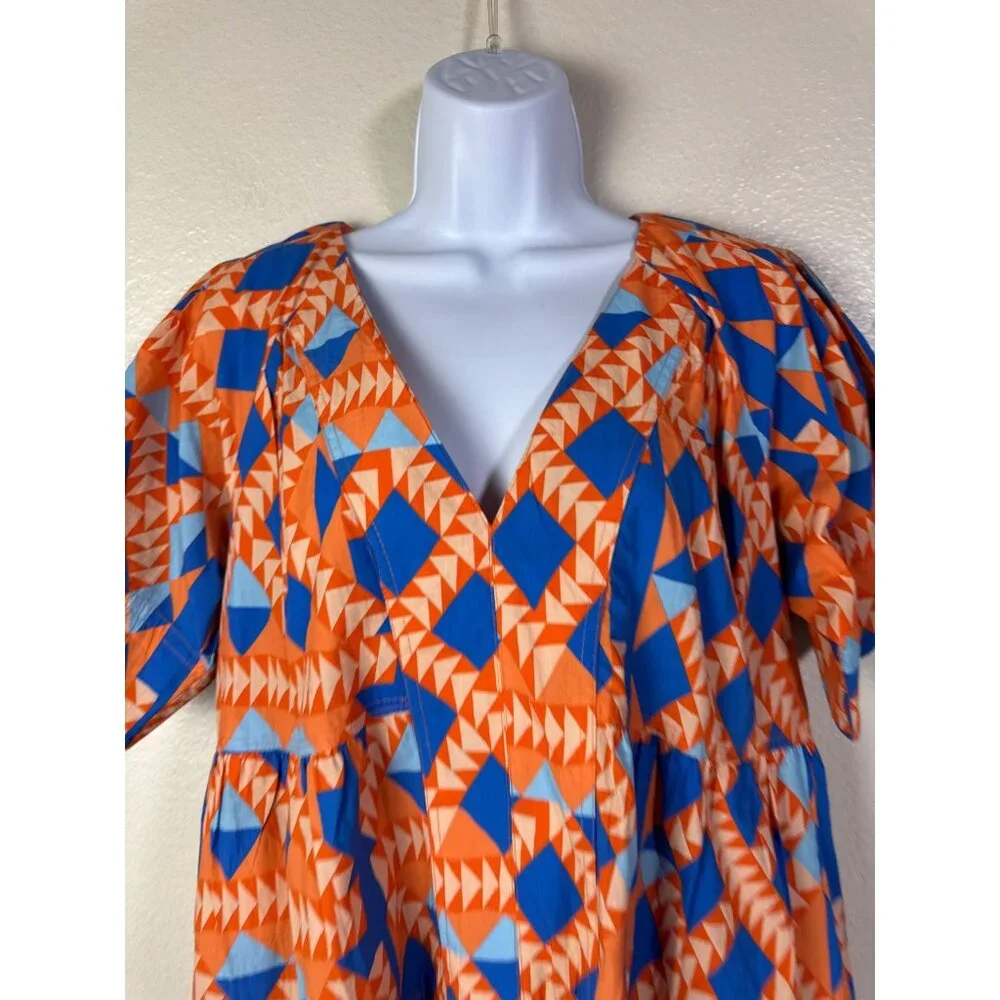 New Marea Womens Grecian Poplin Dress Short Sleeve Orange Blue Size Medium Boho - Picture 10 of 16